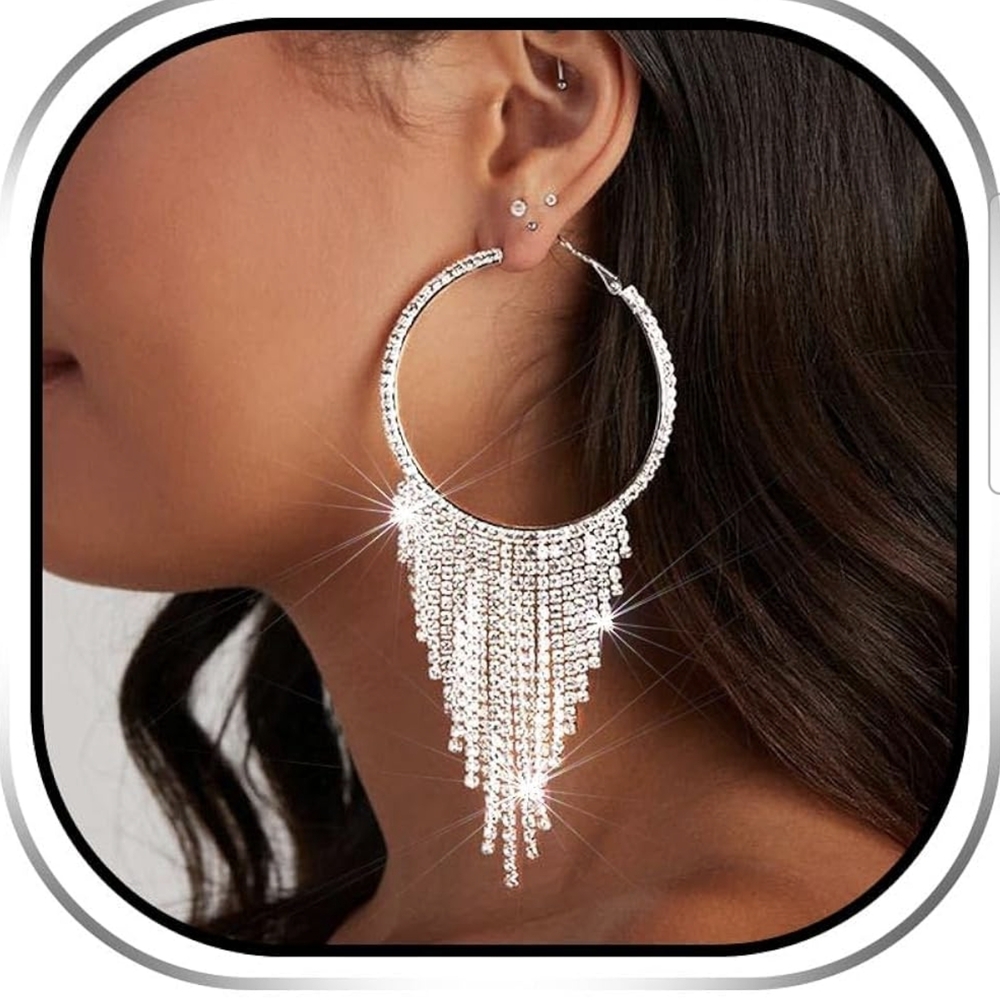 NWT Silver Hoop Earrings with Rhinestone Tassels